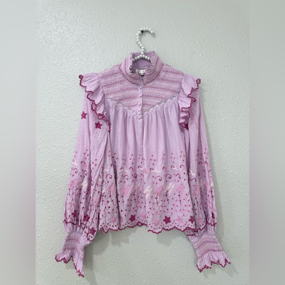 Loveshackfancy Kassie Eyelet High-Neck Ruffle Top In Pink Size Xs